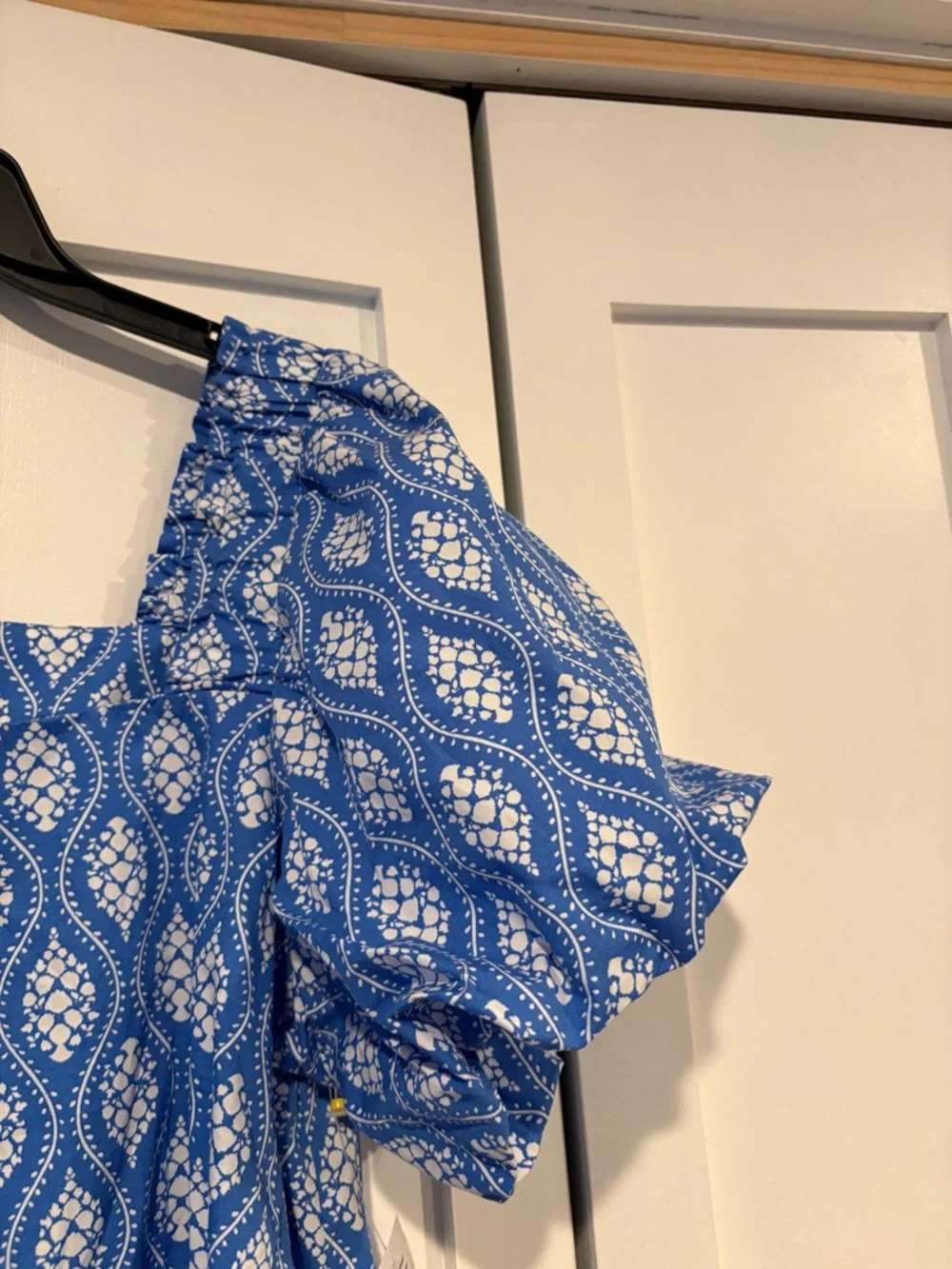 CeCe Blue Geometric Puff-Sleeve Square Neck Blouse - Picture 2 of 8